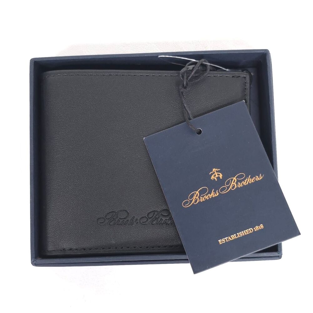BROOKS BROTHERS Mens New Wallet Black Leather Bifold Card Slots Logo Gift Box